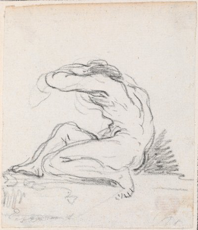 Nu masculin assis avec bras sur la tête, vu de côté - Hubert Robert