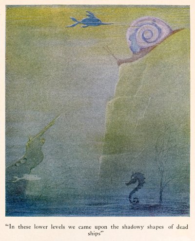 "À ces niveaux inférieurs, nous avons rencontré les formes ombragées de navires morts" illustration de Les Voyages du Docteur Dolittle - Hugh Lofting