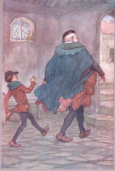 Sortent Falstaff et Robin (illustration de Les Joyeuses Commères de Windsor) - Hugh Thomson