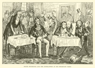 Le major Pendennis et les intrus à sa table de petit-déjeuner (gravure) - Hugh Thomson