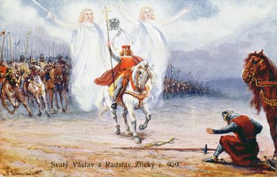 Le duc de Kourim se rendant à Saint Wenceslas après avoir vu deux anges accompagnant le saint - Hungarian School