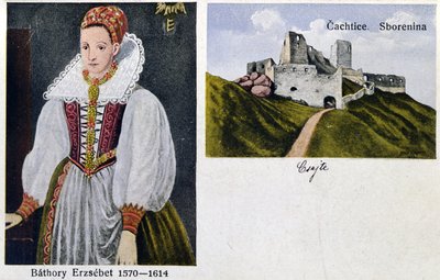 Carte postale représentant la comtesse Élisabeth Bathory (1560-1614) et le château de Cachtice - Hungarian School