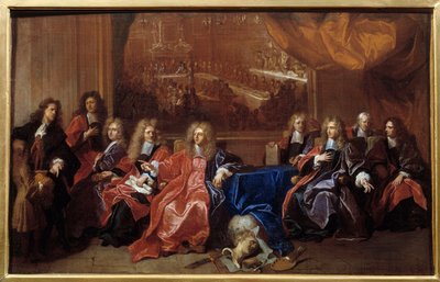 Le prévôt et les échevins de la ville de Paris délibérant sur la commémoration du dîner offert à Louis XIV à l