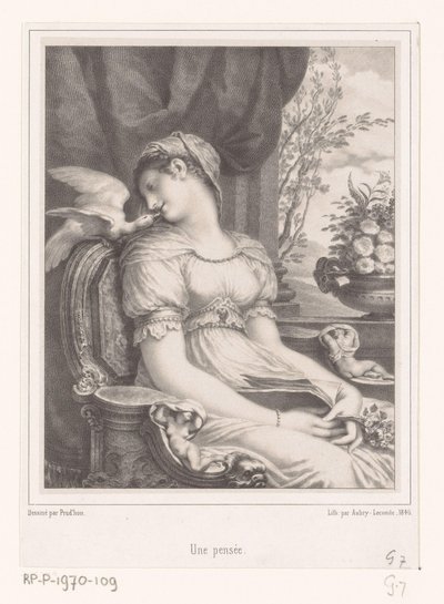 Femme assise avec un livre et un oiseau blanc - Hyacinthe Louis Victor Jean Baptiste Aubry Lecomte