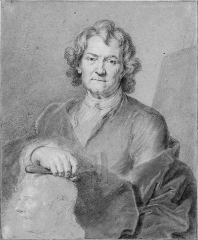 Portrait de Pierre Puget, sa main droite tenant un marteau et reposant sur une tête sculptée - Hyacinthe Francois Rigaud