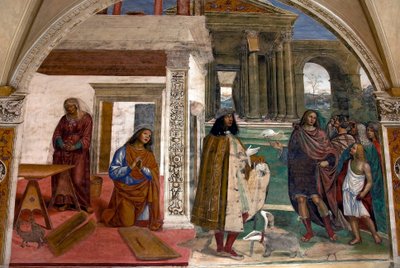 Vie de saint Benoît, scène 3 : Benoît répare une passoire cassée par la prière - Il Sodoma