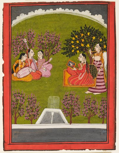 Une dame assise avec un miroir dans un jardin, avec une servante et trois musiciens, vers 1909 - Indian School