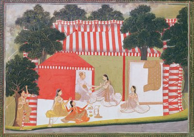 Un prince essayant de tirer une dame dans sa tente; une servante et des amis regardent avec surprise, c.1760 - Indian School