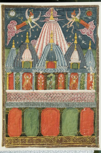 Un temple contenant une image de Venu-gopala-krishna avec deux danseuses exécutant une danse pour la divinité - Indian School