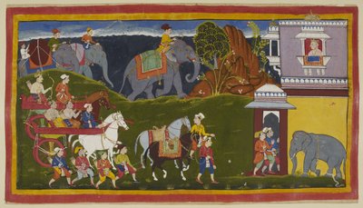 Bharata, Shatrughna et leur oncle, avec des serviteurs et deux chevaux de selle menés, avec des éléphants chargés au-delà de l