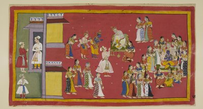 Add 15296 (1) f.50r, Dasaratha avait précédemment ordonné à Sumantra de convoquer ses reines et toutes ses épouses, qui entourent maintenant le roi lorsque Sumantra amène les exilés pour faire leurs adieux. Dasaratha essaie de persuader Rama de ne pas alle - Indian School
