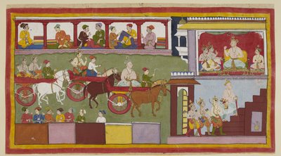 Trois chars transportent le roi, son fils et les deux jeunes princes à travers un bazar. Les façades des magasins éloignés sont visibles avec des marchands vendant du tissu, et les arrières de ceux en dessous. Dans son palais à droite, le roi âgé, utilisan - Indian School