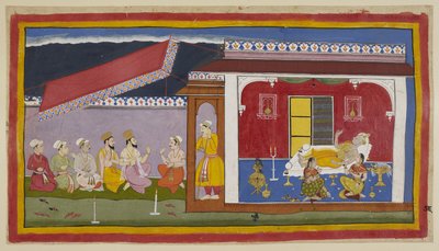 Dasaratha est allongé sur son lit dans sa chambre, les deux reines assises à côté de lui, tous trois en train de converser, essayant de se consoler mutuellement. À l