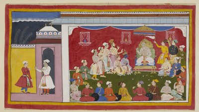 Add 15296 (1) f.8r, Dasaratha est assis sur son trône en plein durbar, avec Rama et Laksmana agenouillés à côté de lui, tandis que le messager envoyé par Bharata de la cour de son grand-père raconte au roi comment ses deux autres fils étudient avec assidui - Indian School