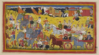 Les princes avec leurs gourous, ministres et armée partent pour la forêt, précédés par des hommes abattant les arbres pour faire un chemin et par les éléphants royaux. Deux litières transportent les reines, précédées par deux chevaux de selle menés. - Indian School