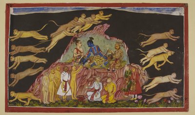 Rama, Laksmana et Sugriva sont assis sur une éminence rocheuse. Sugriva divise ses vastes forces en quatre et les envoie chercher Sita dans les quatre directions. À chaque chef de troupe, il décrit le terrain qu