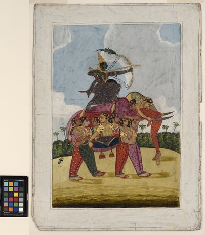 Un éléphant composite formé de femmes dansantes servant de monture à un archer - Indian School