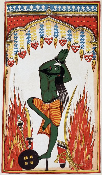 Aradjama, priant et faisant pénitence pour obtenir les armes qui le rendront invincible, lithographie du 18ème siècle - Indian School