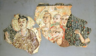 Bouddha avec ses six disciples, de Miran, IIIe-IVe siècle (peinture murale) - Indian School