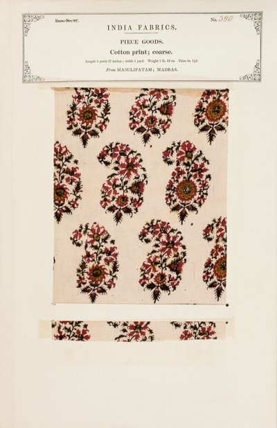 Échantillon de coton grossier imprimé de Masulipatam à Madras, de The Collection of the Textile Manufacturers of India, par John Forbes Watson, publié en 1866 - Indian School