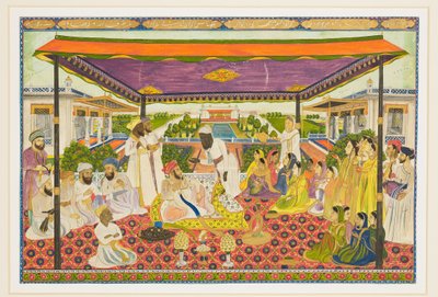 Scène de cour avec un palais panoramique et un jardin en arrière-plan - Indian School