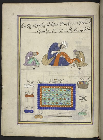 Artisans brodant des tapis en feutre (namda), 86 dessins reliés en un volume représentant des métiers et occupations au Cachemire, Artiste du Cachemire, probablement à Srinagar, c.1850-60 - Indian School