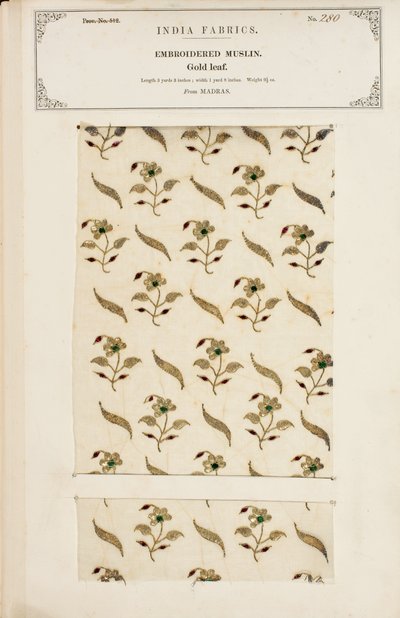 Échantillon de mousseline brodée de Madras, de The Collection of the Textile Manufacturers of India, par John Forbes Watson, publié en 1866 - Indian School