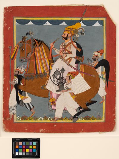Raja Bhim Singh équestre avec une chicha et des serviteurs, vers 1820 - Indian School