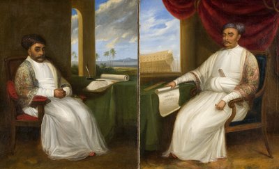 Portrait en pied du maître constructeur de navires parsi Jamsetjee Bomanjee et de son fils, Nourojee Jamsetsee, 1830 - Indian School