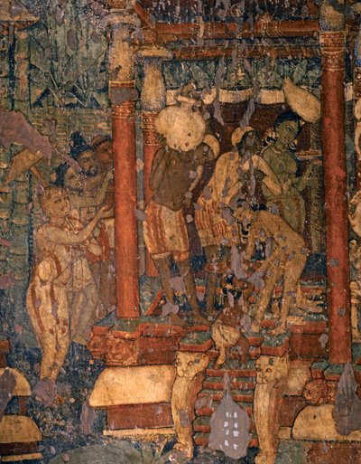 ART INDIEN : Fresque de la grotte bouddhiste n° 1, 5e - début 6e siècle (fresque) - Indian School