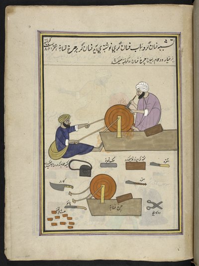 Aiguiseurs de couteaux, 86 dessins reliés en un volume représentant des métiers et occupations au Cachemire, les artisans sont montrés au travail avec leurs outils et équipements, par un artiste du Cachemire, probablement à Srinagar, vers 1850-60 - Indian School