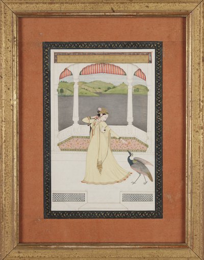 Dame attirant un paon avec un brin de perles - Indian School