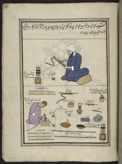 Hommes couvrant des serpents de hookah avec du fil et du fil métallique, 86 dessins reliés en un volume représentant des métiers et occupations au Cachemire, les artisans sont montrés au travail avec leurs outils et équipements, par un artiste du Cachemire - Indian School