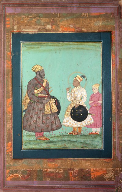 Murtaza Nizam Shah avec un vizir noir, peut-être Malik Ambar, et un jeune homme, vers 1680 (aquarelle opaque et or sur papier) - Indian School
