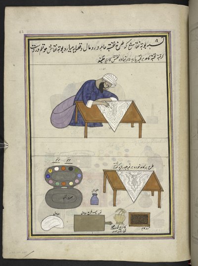 Dessinateur de motifs (naqqash) préparant un dessin pour un châle, 86 dessins reliés en un volume représentant des métiers et occupations au Cachemire, les artisans sont montrés au travail avec leurs outils et équipements, par un artiste du Cachemire, prob - Indian School
