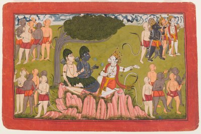 Rama et Lakshmana confèrent avec Sugriva sur la recherche de Sita, folio d