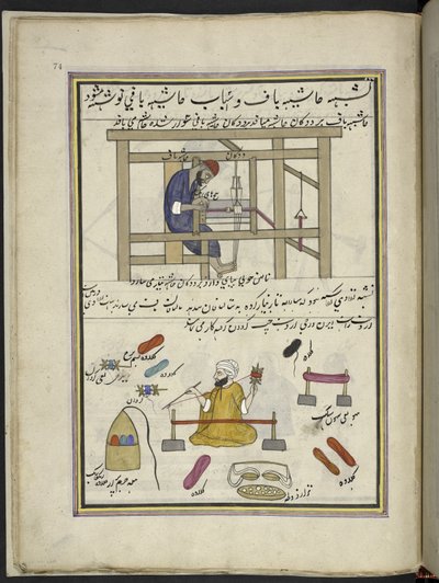 Tisserand faisant une bordure; homme enroulant des laines colorées, 86 dessins reliés en un volume représentant des métiers et des occupations au Cachemire, les artisans sont montrés au travail avec leurs outils et équipements, par un artiste du Cachemire, - Indian School