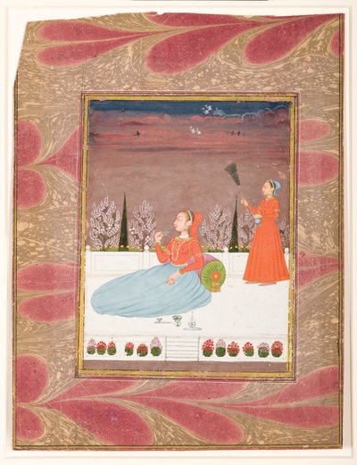 Femme assise sur une terrasse avec une servante avec un chauri - Indian School