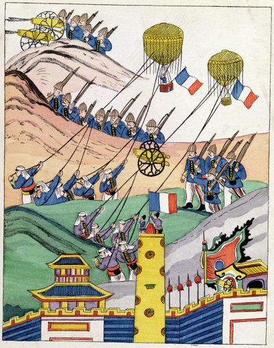 Affiche montrant les troupes françaises utilisant des ballons capturés lors de la conquête du Tonkin, 1884 - Indo Chinese School
