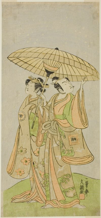 Les acteurs Ichikawa Komazo II en tant que Chunagon Yukihira (à droite), et Iwai Hanshiro IV en tant que Murasame (à gauche), dans la pièce Kuni no Hana Ono no Itsumoji, jouée au Théâtre Nakamura en novembre 1771 - Ippitsusai Bunchō