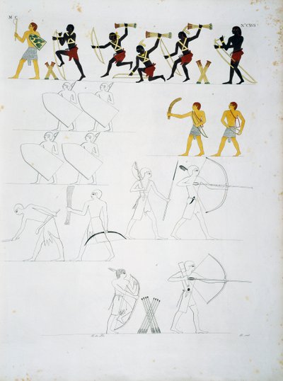 Scènes militaires, soldats avec arcs et flèches, des tombes de Beni Hasan, Planche CXVIII, des monuments d