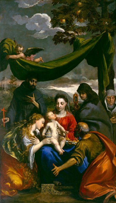 Vierge et Enfant avec les Saints Marie-Madeleine, Pierre, Claire, François et une Abbesse, c.1600 - Ippolito Scarsella