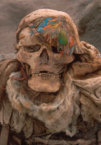 Un squelette récemment déterré portant une coiffe de plumes, signe de haut statut, 2001 - Ira Block