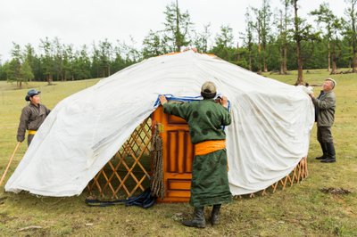 Habitants locaux construisant une ger, une yourte portable près du lac Khövsgöl dans le nord de la Mongolie, 2013 - Ira Block