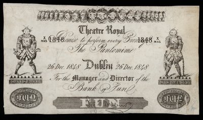 Publicité pour une pantomime au Theatre Royal, Dublin, basée sur un billet de banque de la Banque d