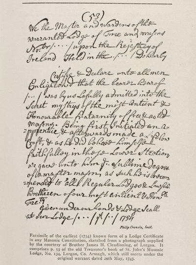 Le plus ancien certificat connu (irlandais) avec un sceau de la Grande Loge, 1762 - Irish School
