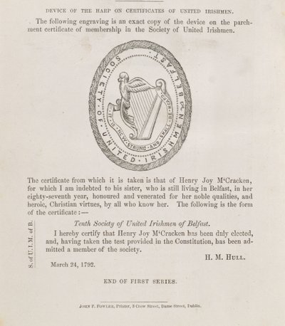 Sceau de la Société des Irlandais unis de Belfast, vers 1792 (gravure) - Irish School