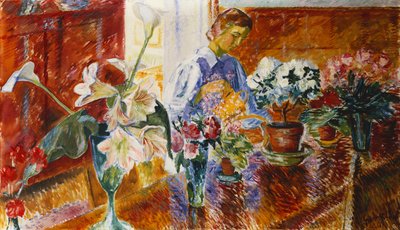 Un intérieur avec une femme arrosant des plantes - Isaac Grunwald