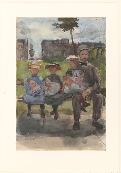 Un homme avec trois filles sur un banc dans l