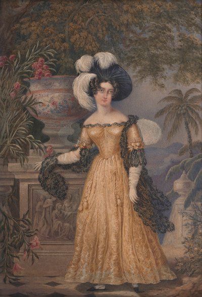 Lady Rowe, debout en petite longueur sur une terrasse, un paysage jamaïcain au clair de lune au-delà - Isaac Mendes Belisario